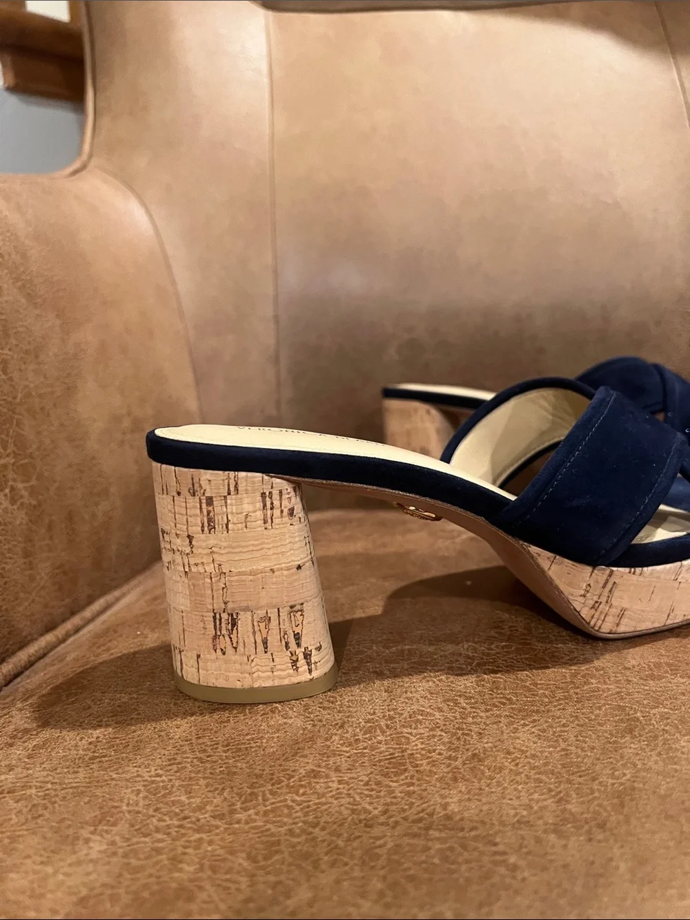 Veronica Beard Navy Suede Cork Block Heel Slides